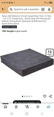 Self Adhesive 12Inch Carpet Floor Tiles 12 Tiles 12"x12" Smoke Grey Peel & Stick